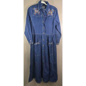 Vtg Studio 25 Long Sleeve Denim Dress Sz S Handpainted Granny Core Prarie Modest